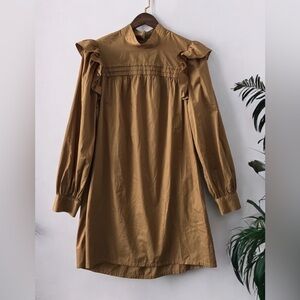 Xirena Nyla Dress Khaki Gold Ruffle pocket cotton poplin long sleeve L